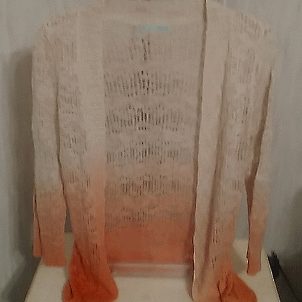 MAURICES Med Off White Cardigan with Peach Color Around Bottom Long Slee…